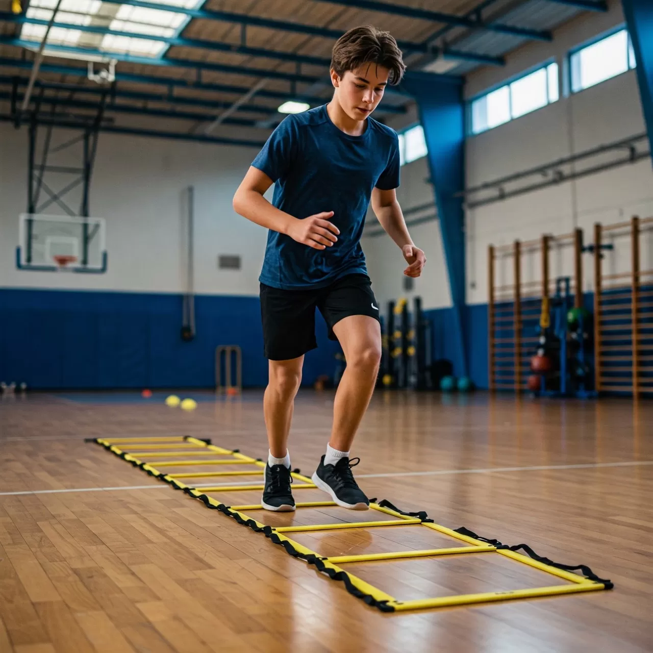 young male athlete running through an agility ladder