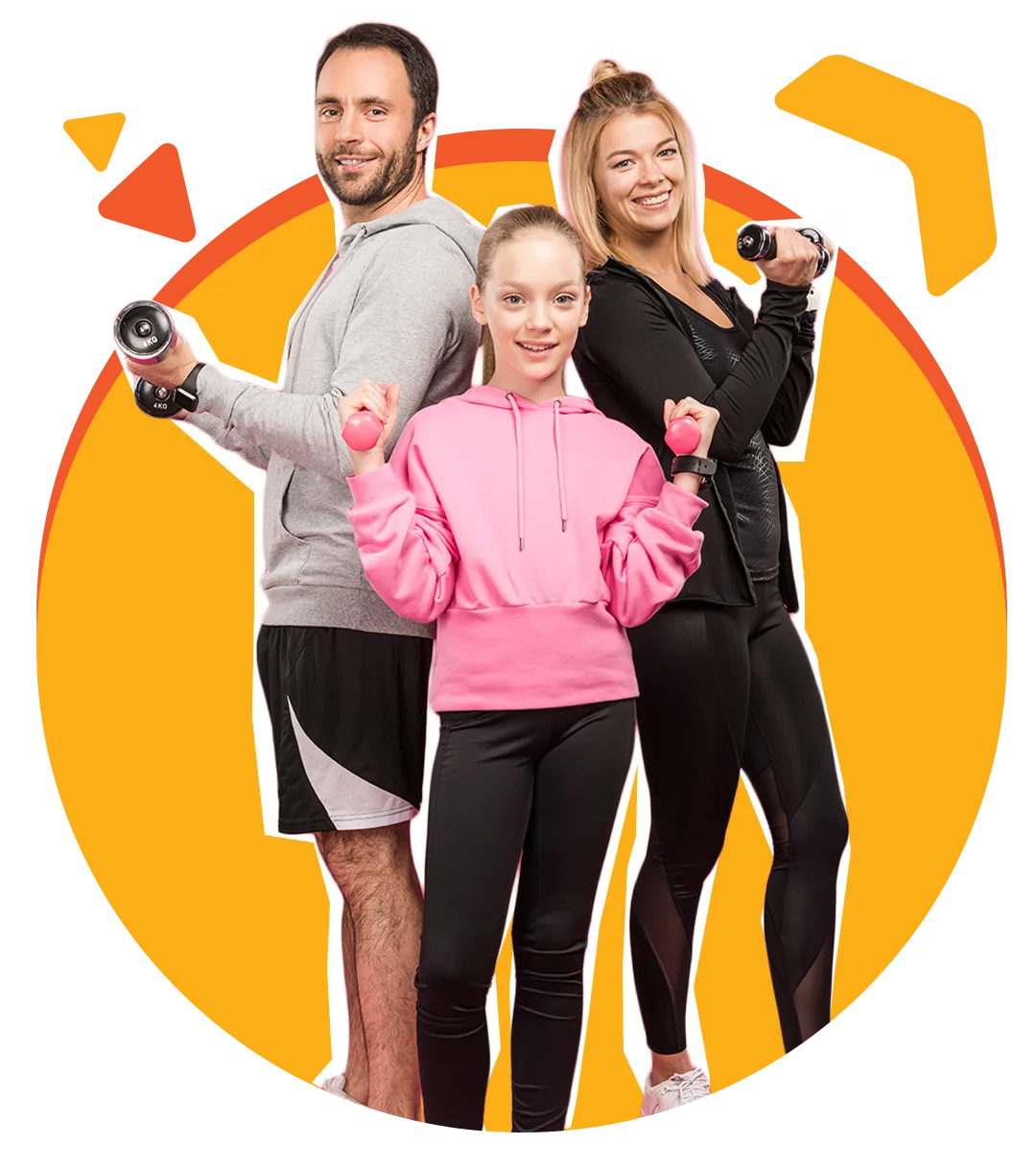 family of 3 lifting dumbbells together