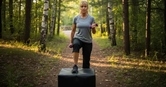 woman doing step ups in the woods
