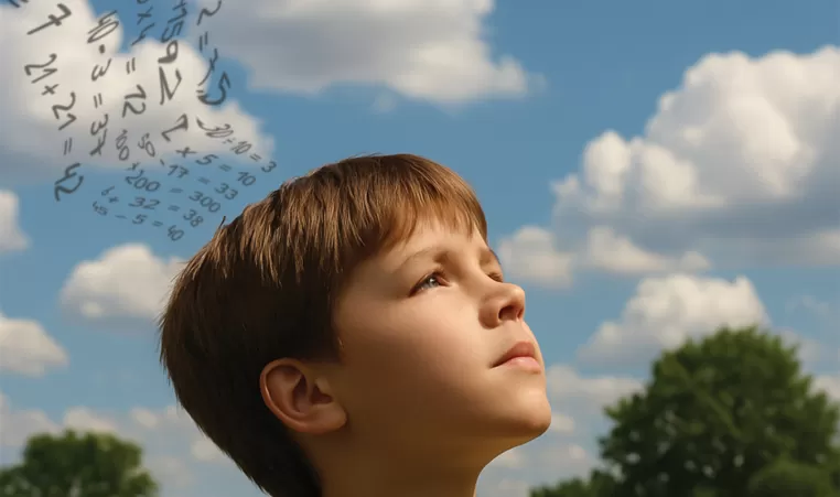 a child with math equations floating out of his head