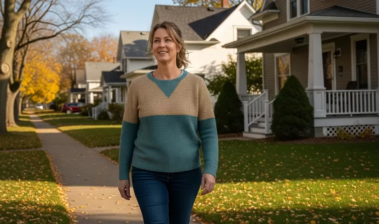 woman walking through Minnesota neighborhood in fall