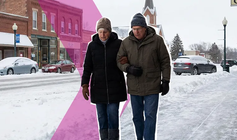 senior man and woman walking on an icy sidewalk