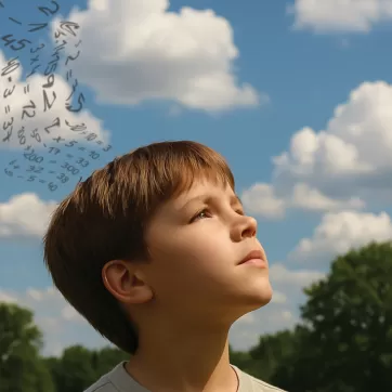 a child with math equations floating out of his head