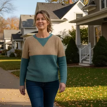 woman walking through Minnesota neighborhood in fall