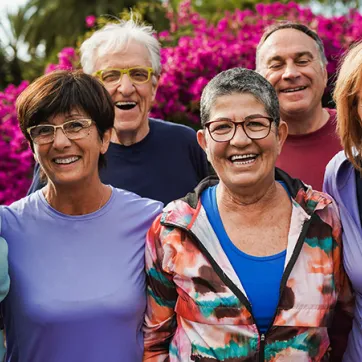 group of senior friends smiling on camera