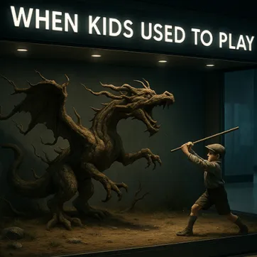 a fictional museum exhibit of a kid playing in the backyard